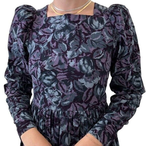 Vintage 1990s Laura Ashley Blue Purple Floral Velvet Puff Sleeve Maxi Dress Sz M - Picture 6 of 10